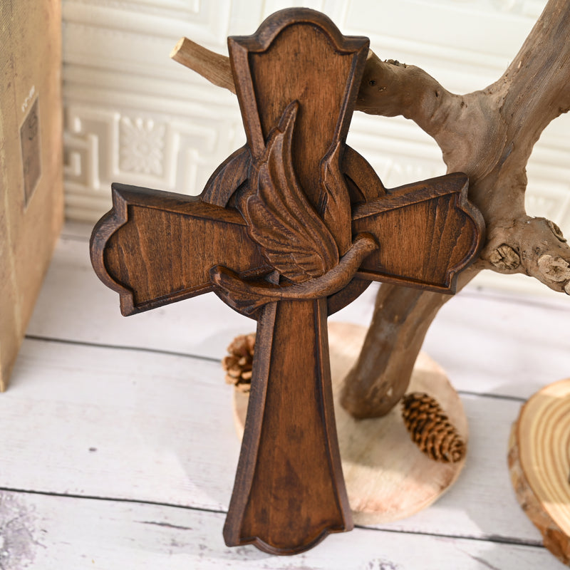 Holy Spirit Cross Wooden Hand Carved Cross for Wall Decor, Religious Gift Cross