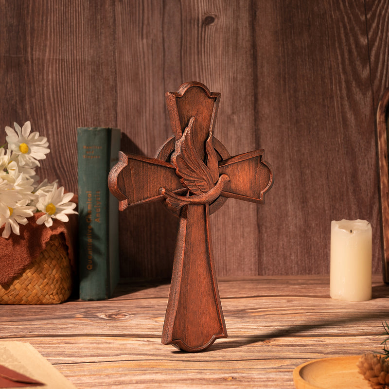 Holy Spirit Cross Wooden Hand Carved Cross for Wall Decor, Religious Gift Cross