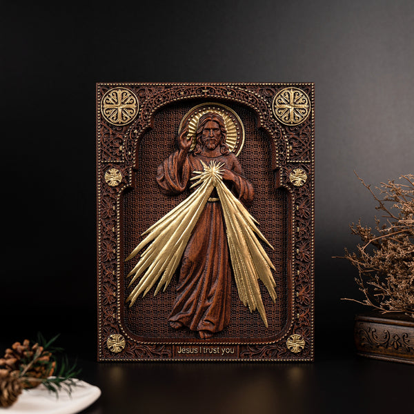 The Sacred Heart and Divine Mercy Jesus Christ Wood Wall Plaque