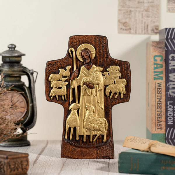 Good Shepherd Crucifix Wood Carving Religious Gift - Endless Care and Guidance