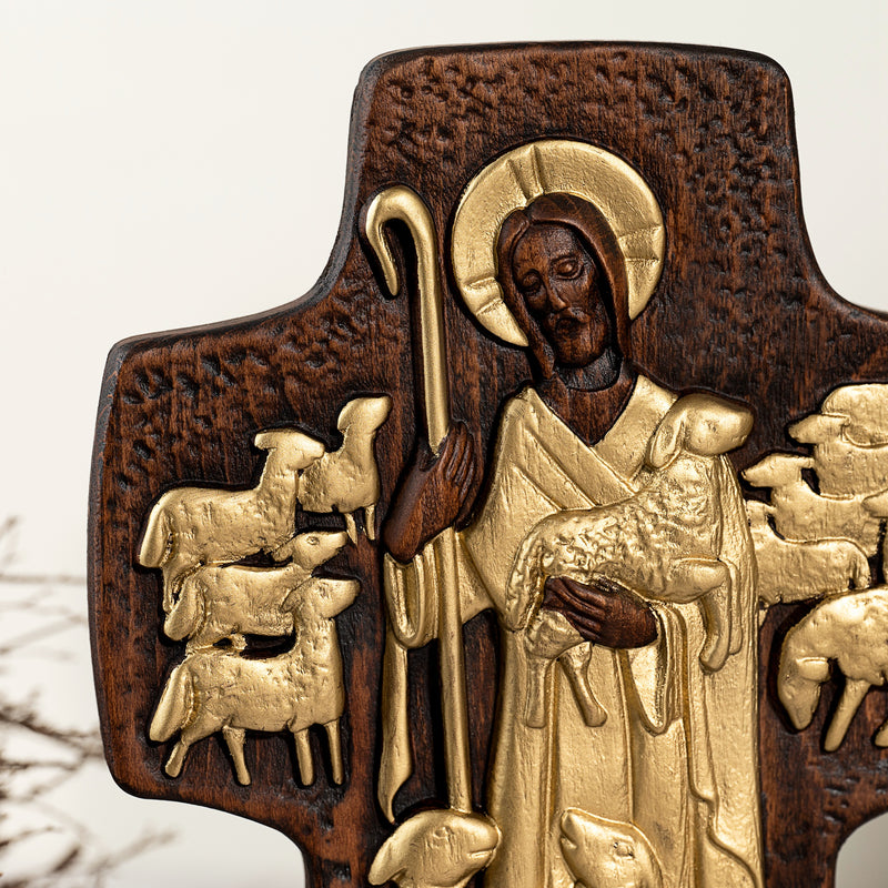 Good Shepherd Crucifix Wood Carving Religious Gift - Endless Care and Guidance