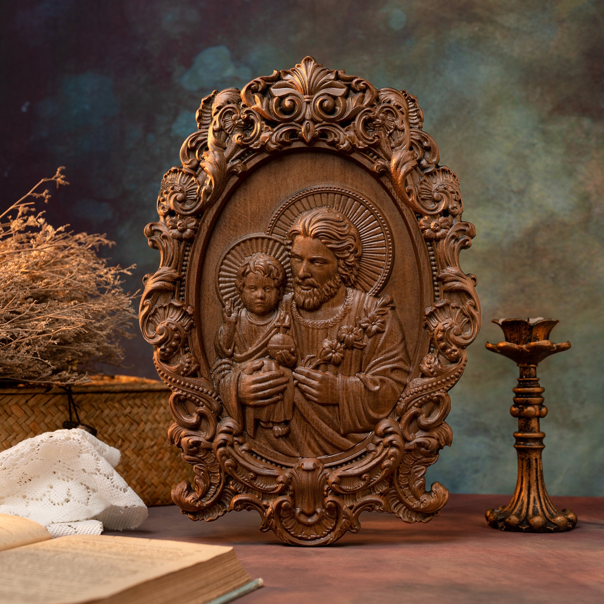 Saint Joseph Wood Carved Religious icon Fatehrs day Christian gift Wal ...