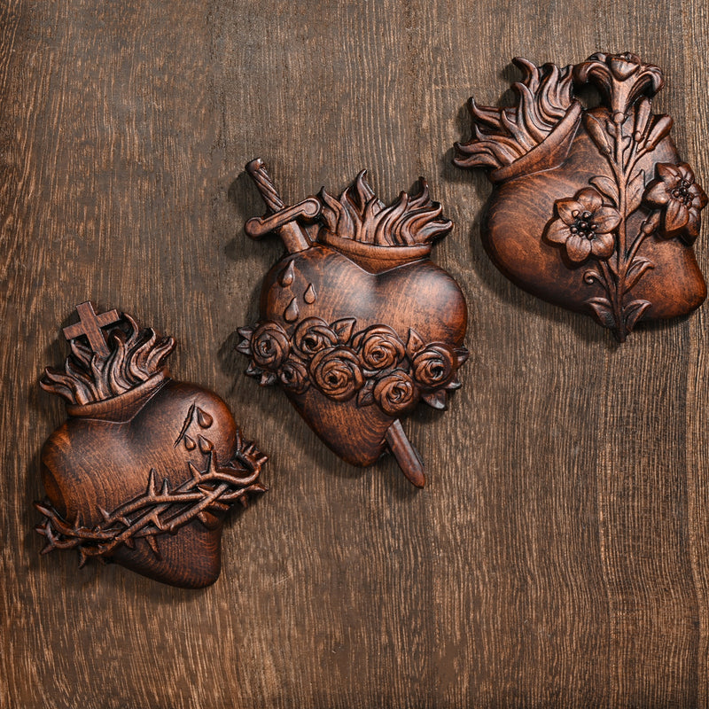 Holy Family Three Sacred Hearts Wood Carving Set