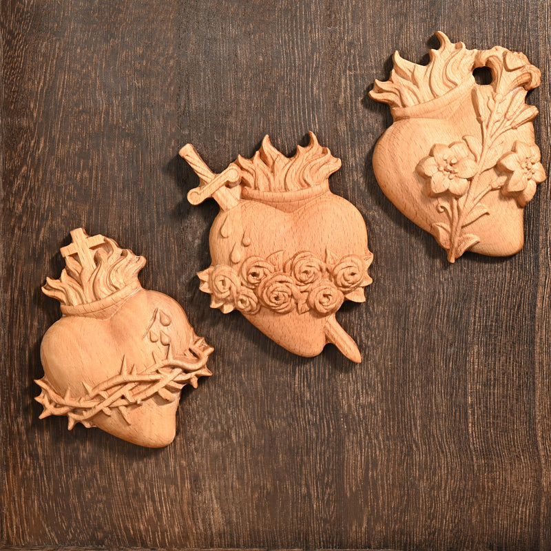 Holy Family Three Sacred Hearts Wood Carving Set