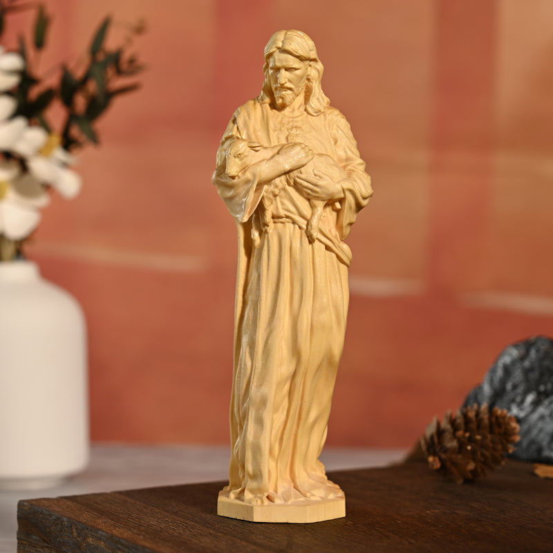 Jesus Goat Wooden Round Carved Tabletop Ornament