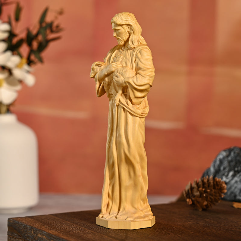 Jesus Goat Wooden Round Carved Tabletop Ornament