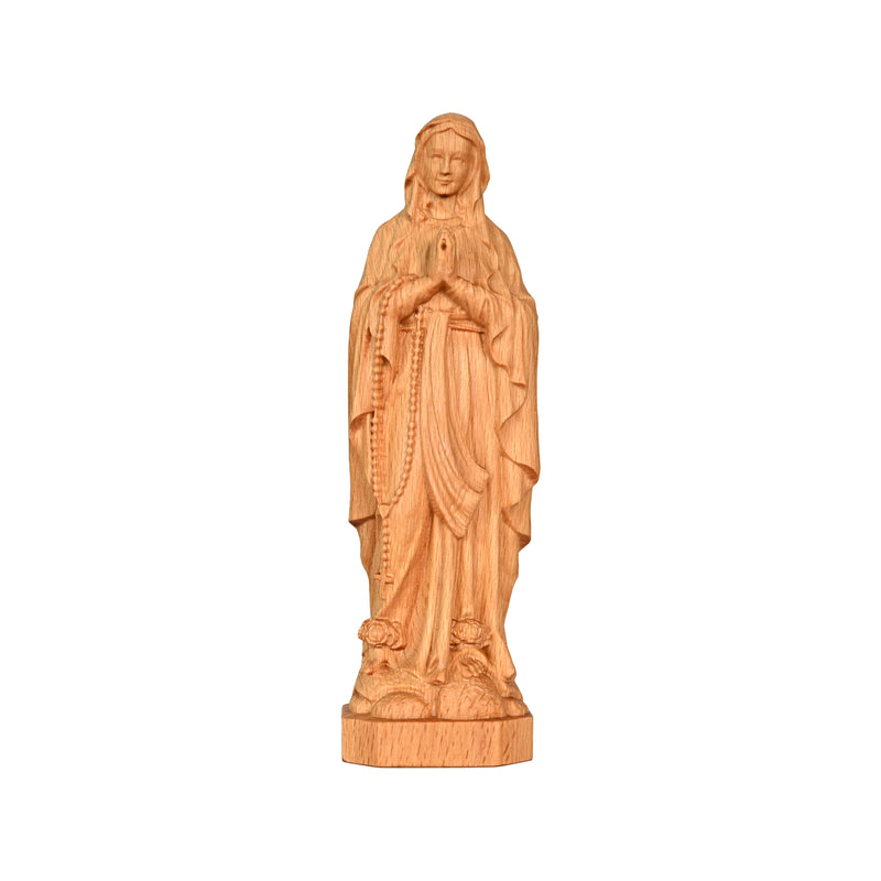 Round carving of Our Lady of Lourdes in beech wood: Sacred beauty, handcrafted technique