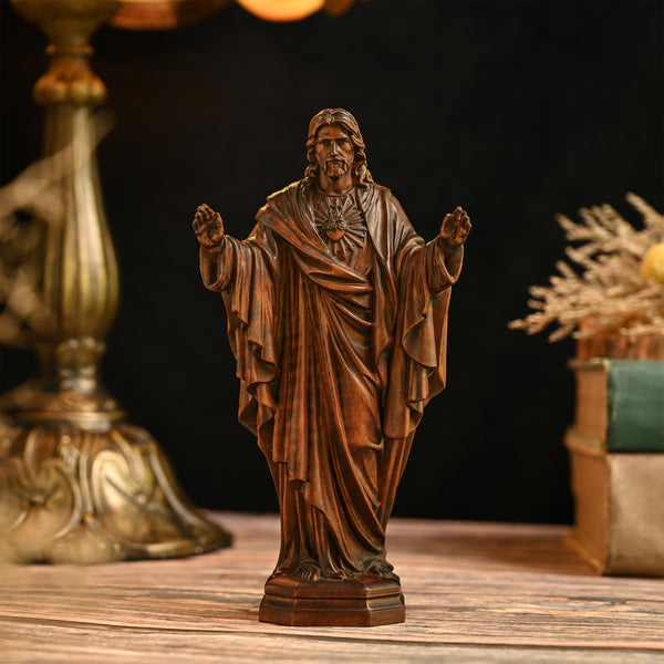 Hand Carved Sacred Heart of Jesus Virgin Mary Wooden Tabletop Ornament