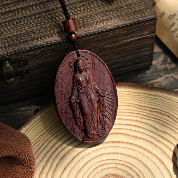 Wood Carved Miraculous Medal pendant, Lighter and more comfortable to wear