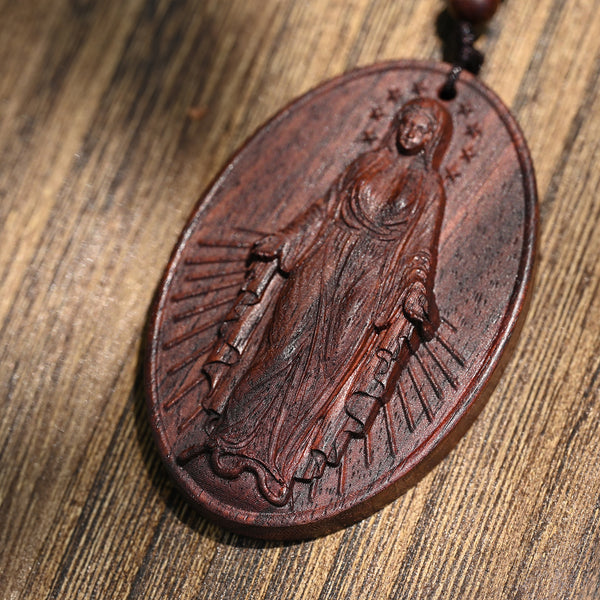 Wood Carved Miraculous Medal pendant, Lighter and more comfortable to wear