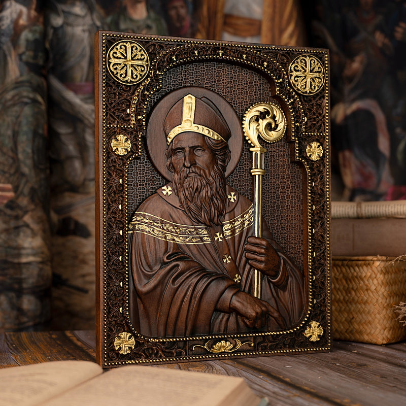 Bgcopper Saint Patrick Wood Carved Icon Religious Gift Wall Hanging Art Work