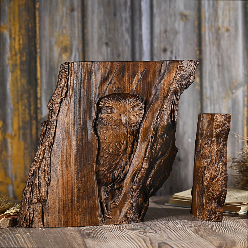 Owl in tree wood carving - Wild Life Wall Art Lover Gift