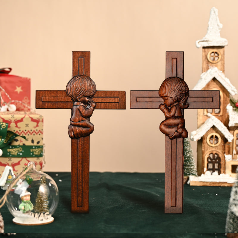 Praying Boy/Girl Cross Wooden Sculpture