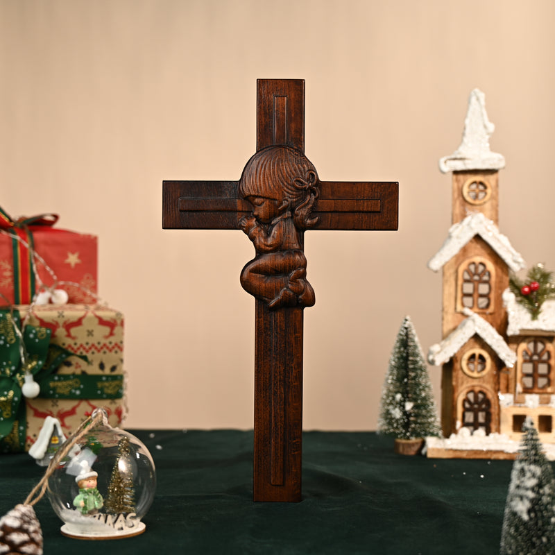 Praying Boy/Girl Cross Wooden Sculpture