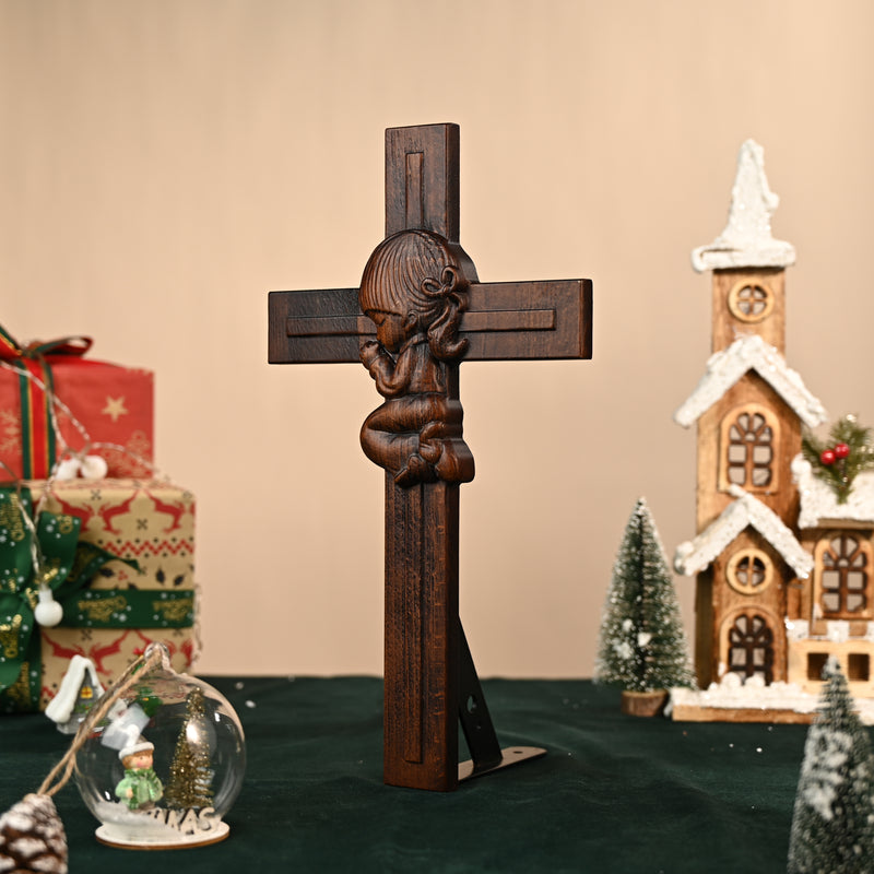 Praying Boy/Girl Cross Wooden Sculpture