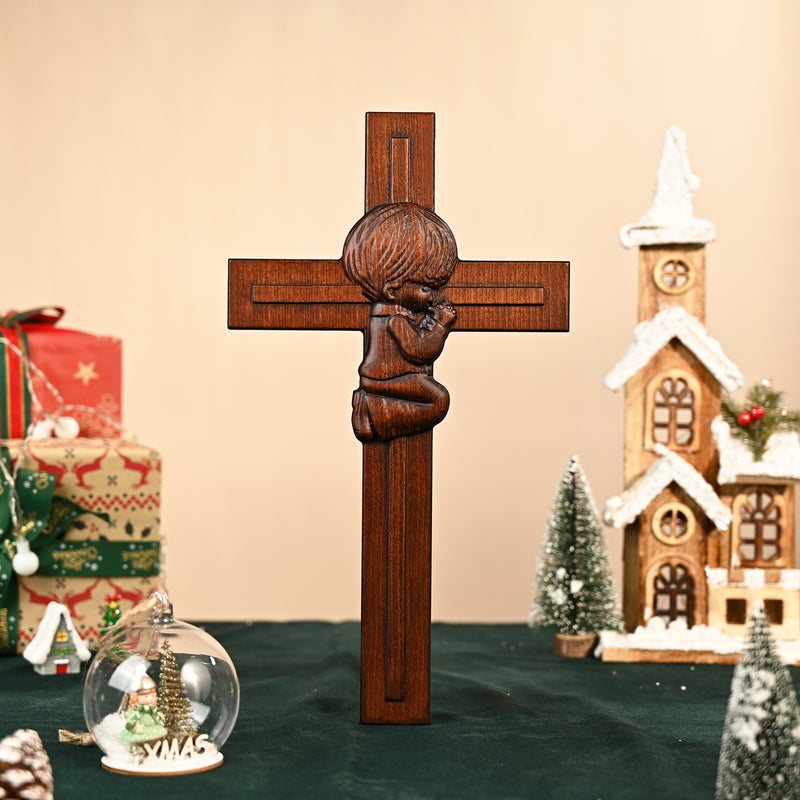 Praying Boy/Girl Cross Wooden Sculpture