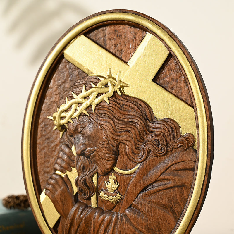 Jesus Crown of Thorns Jesus Inlaid Sacred Heart Crucifix Wooden Sculpture