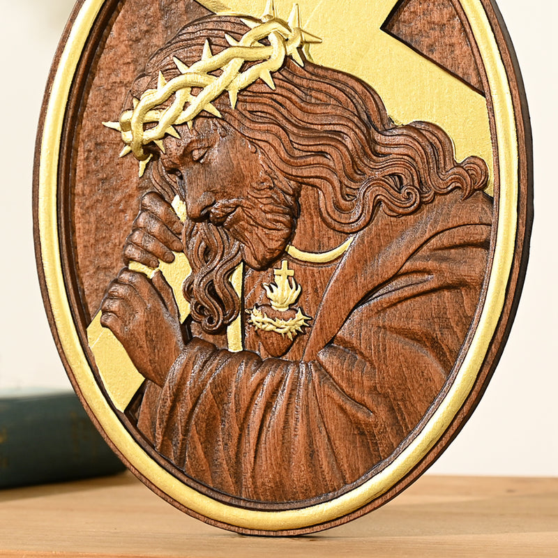 Jesus Crown of Thorns Jesus Inlaid Sacred Heart Crucifix Wooden Sculpture