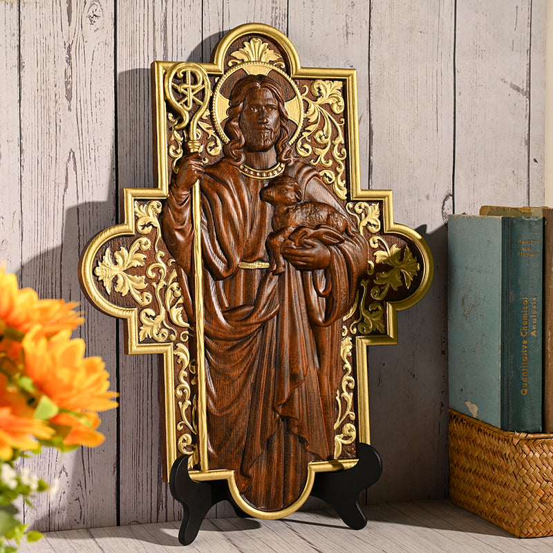 God Shepherd Religious Gift Wood Carving Cross Christian Wall Art