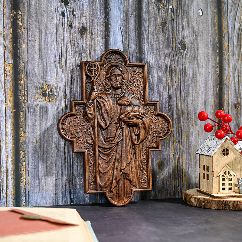 God Shepherd Religious Gift Wood Carving Cross Christian Wall Art