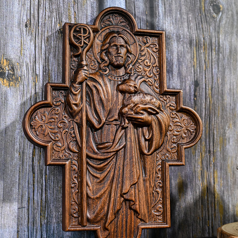 God Shepherd Religious Gift Wood Carving Cross Christian Wall Art