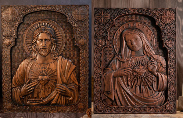 Our Lord Jesus Sacred Heart , Immaculate Heart of Mary Sacred Heart Wood Sculpture - For the FaithfulWood Carving