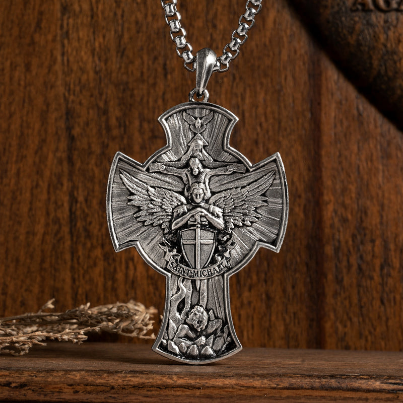 925K Sterling Silver Trinity and Archangel Dragonslayer Cross Necklace