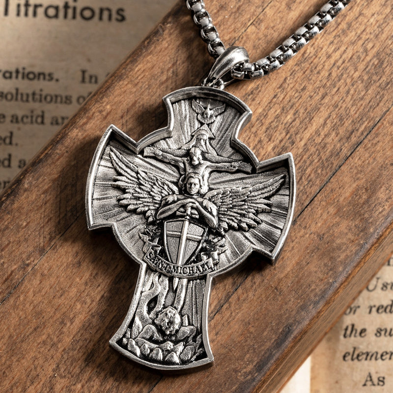 925K Sterling Silver Trinity and Archangel Dragonslayer Cross Necklace