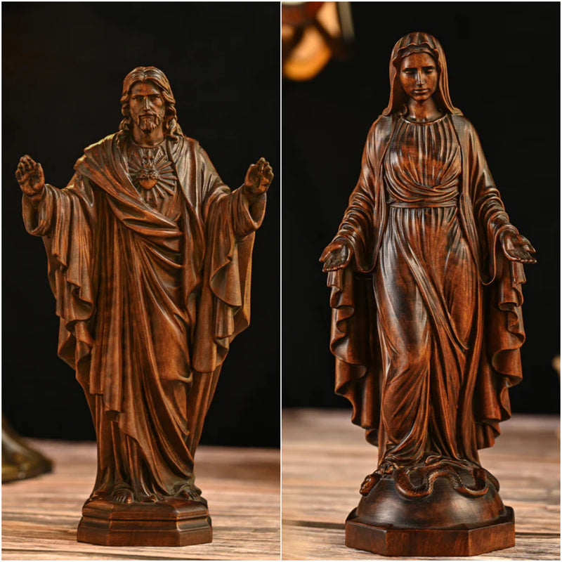 Hand Carved Sacred Heart of Jesus Virgin Mary Wooden Tabletop Ornament