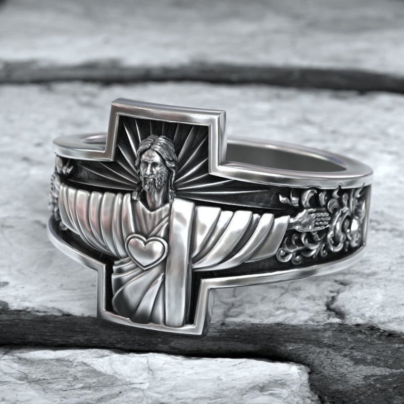 S925K Silver Jesus Guardian Cross Sacred Heart of Jesus Ring