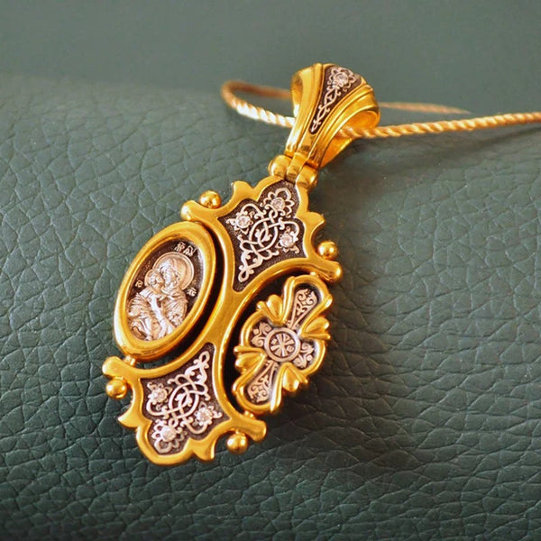 925 Silver k-gilt double sided engraved icon of the Virgin Mary St. Nicholas Orthodox Pendant