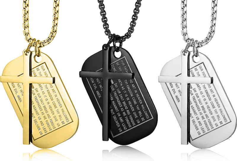 Stainless Steel Dog Tags Cross Necklaces for Men Prayer Cross Necklace Military Rolo Chain 3mm 24 Inch