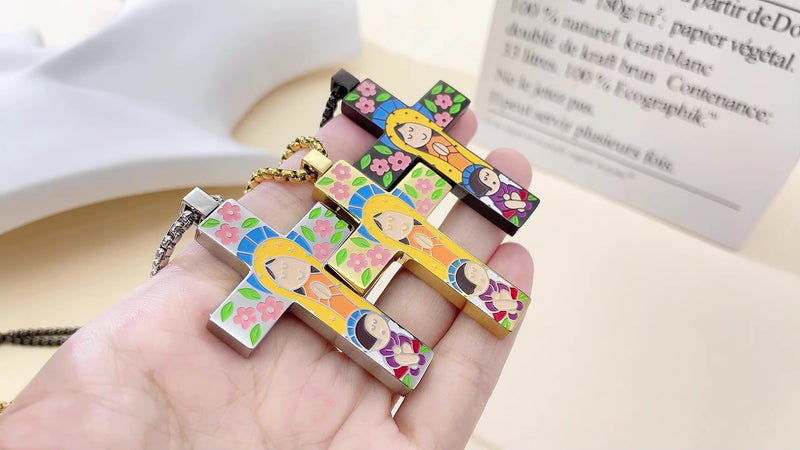 Cartoon style colorful stainless steel cross necklace, the best cross necklace for children