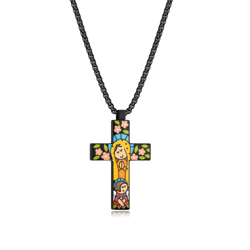 Cartoon style colorful stainless steel cross necklace, the best cross necklace for children