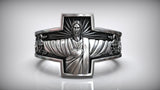 S925K Silver Jesus Guardian Cross Sacred Heart of Jesus Ring