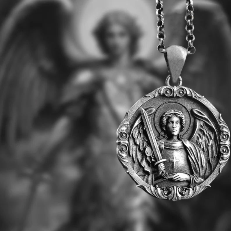 S925k Silver St. Michael Shield Angel Amulet Badge Necklace