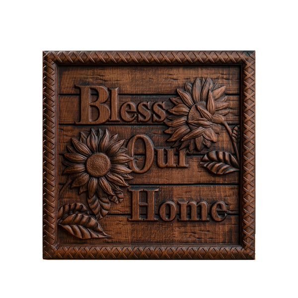 Bless Our Home Sunflower Solid Wood Engraved Plaque