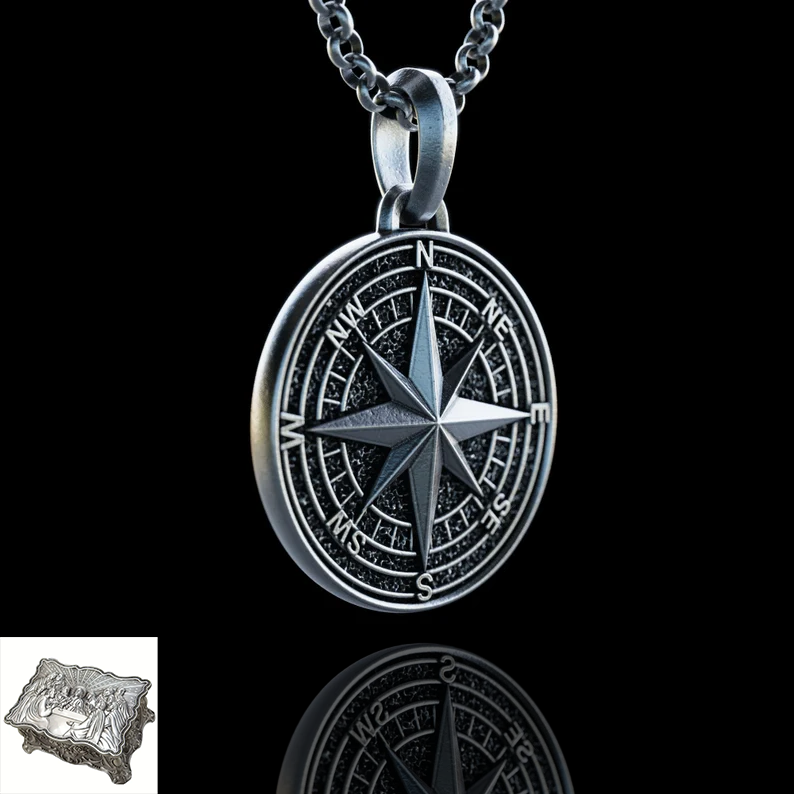 Handmade S925K Silver Compass Pendant Necklace