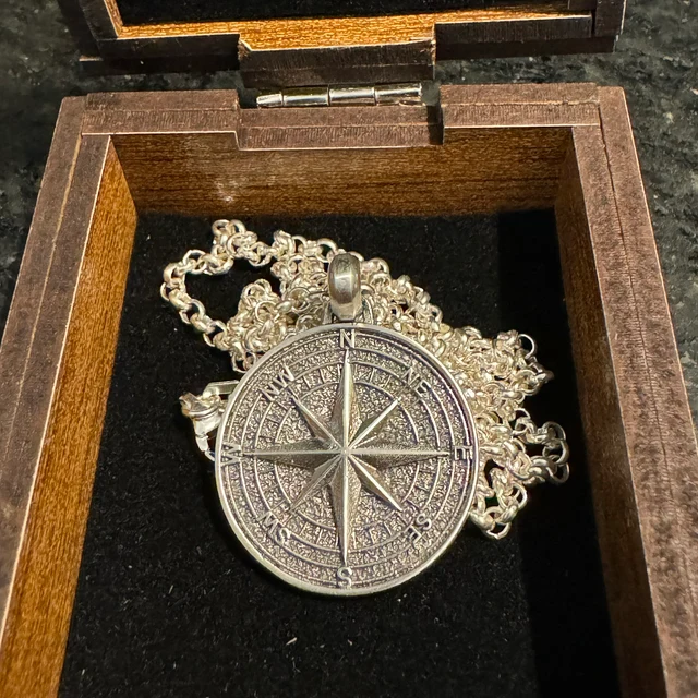 Handmade S925K Silver Compass Pendant Necklace