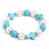 Crucifix Bracelet Turquoise Sparkling Diamonds Pearls Single Loop Bracelet