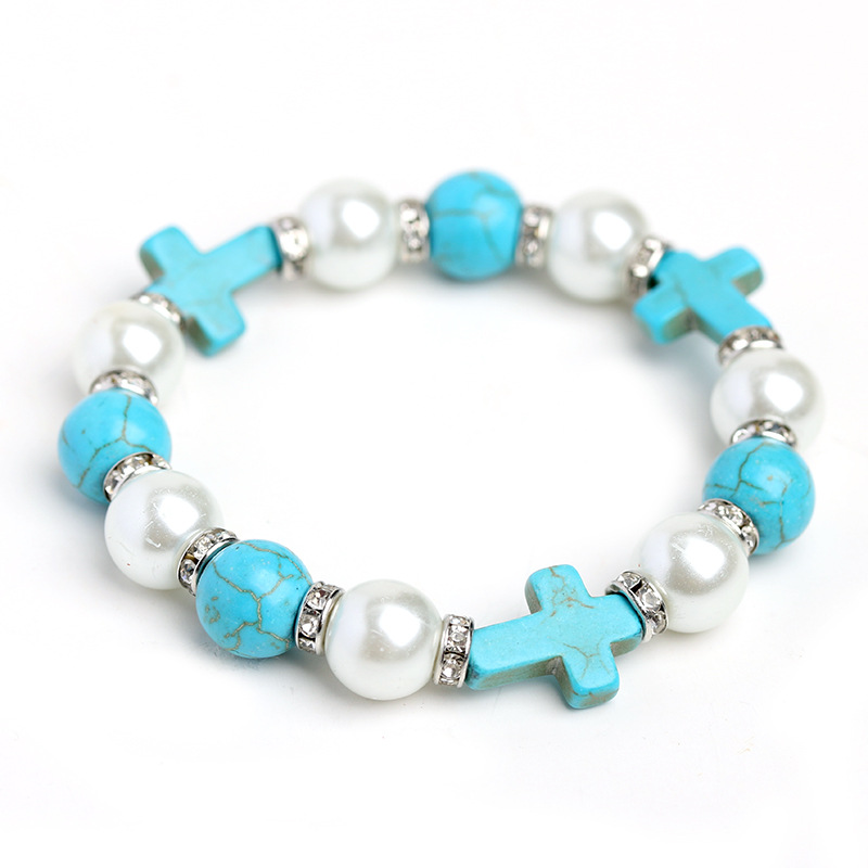 Crucifix Bracelet Turquoise Sparkling Diamonds Pearls Single Loop Bracelet