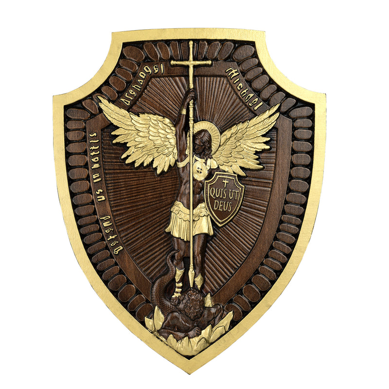 Shield Archangel Michael Solid wood carving gift - Natural wood amulet