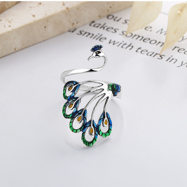 Peacock Surround Size Adjustable Opening 925 Sterling Silver Women's Ring