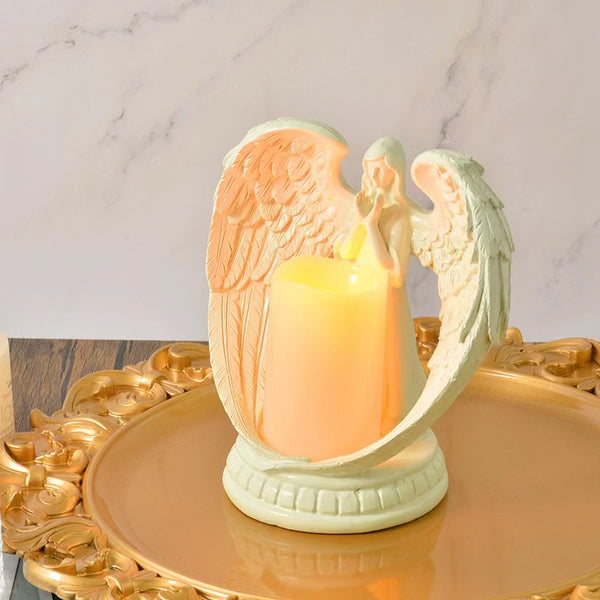 Angel Candle Holder with LED Candle, Battery-Powered, Angel Memorial Gifts, Angel Wing Praying Statue for Home Decoration