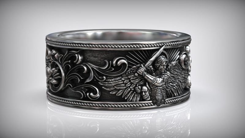 S925K Silver Archangel Michael Ring | Sacred Protection and Baroque Rococo Style Engravings