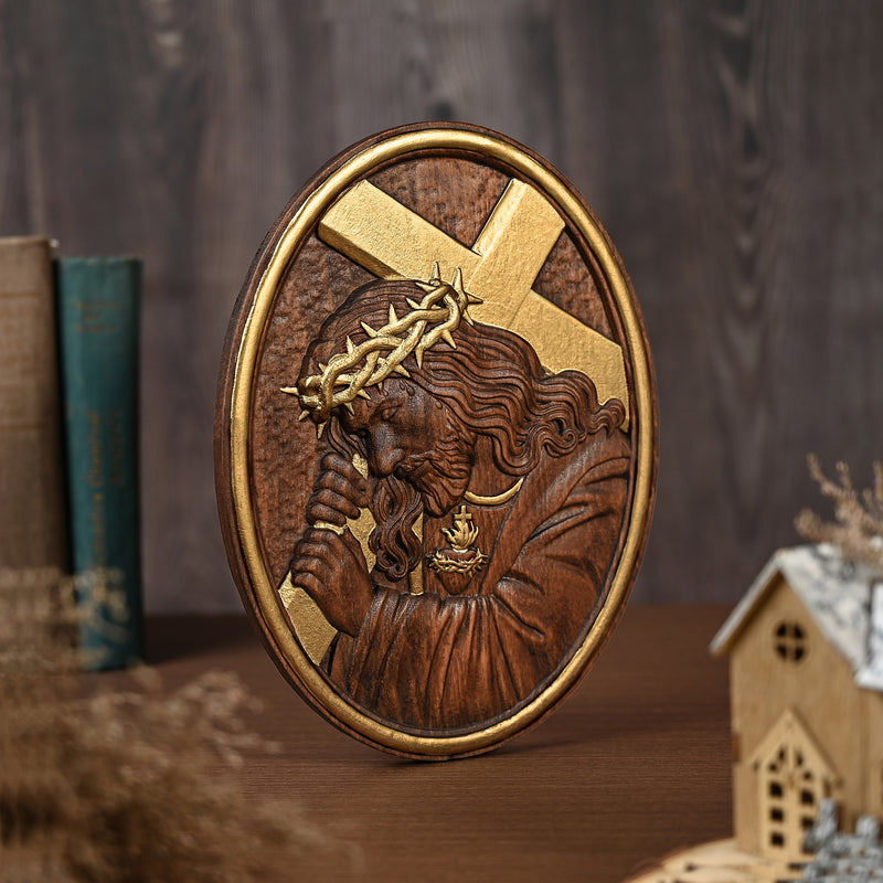 Jesus Crown of Thorns Jesus Inlaid Sacred Heart Crucifix Wooden Sculpture