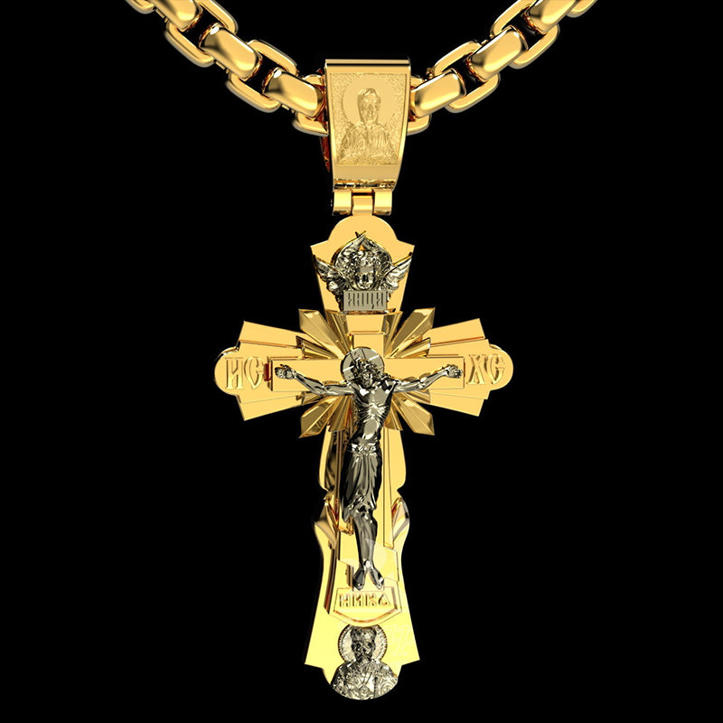 Gold-Plated Copper Crucifix Pendant with Jesus Christ and Religious Figures