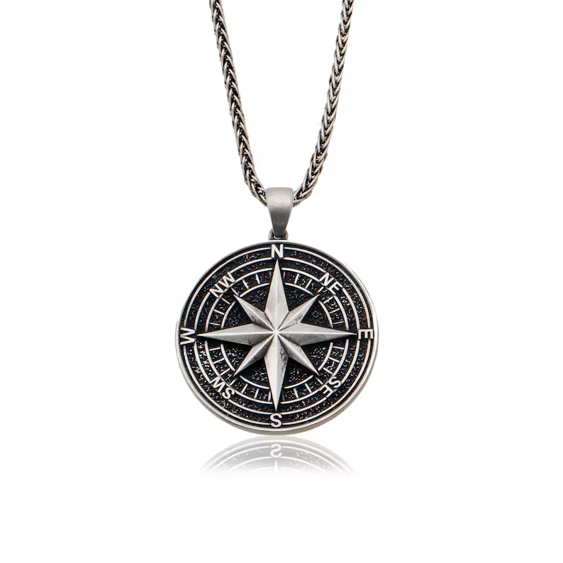 Handmade S925K Silver Compass Pendant Necklace