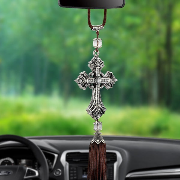 Crystal Diamond Car Rearview Mirror Cross Pendant