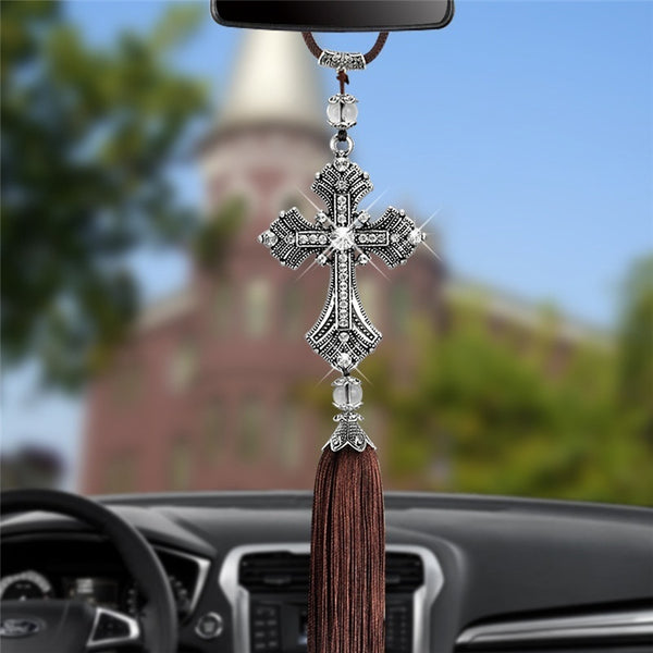 Crystal Diamond Car Rearview Mirror Cross Pendant